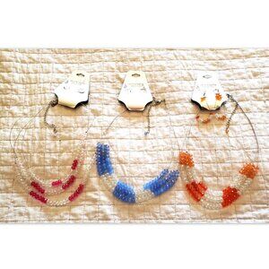 Jaclyn Smith Lot of 3 Strand Beaded Necklace Lot Set Blue Pink Earrings New